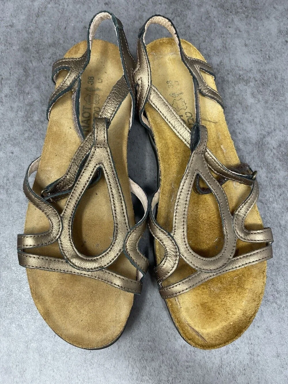NAOT Dorith Sandals Womens Size 7 (38) Gold Leather Strap Flat Walking